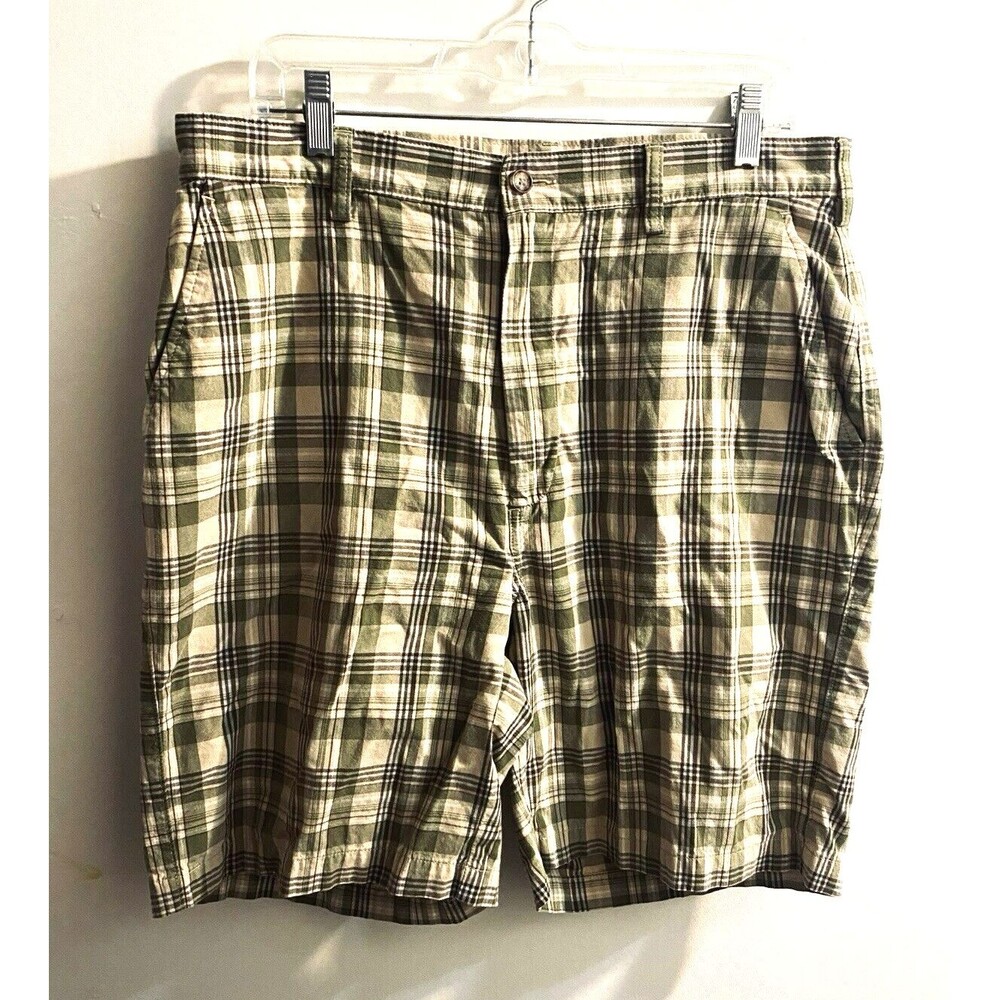 Jos A Bank Plaid Shorts Mens Size 35 Green Yellow Flat Front 100% Cotton